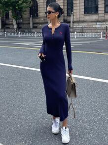 DAZY 美式优雅简约风格高端修身刺绣针织连衣裙，秋季女装女式毛衣裙 - 藏蓝色 - 查看 2