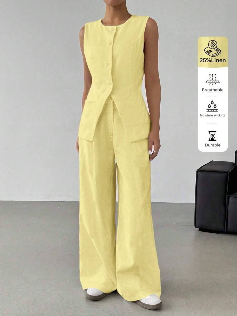 SHEIN EZwear Yellow Linen Sleeveless Jacket And Pants Casual Suit Set For Plus Size Women In Fall/Winter - Yellow - View 1