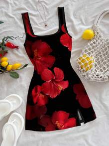 Attitoon Casual Resort Style Red & Black Tropical Floral Pattern Deep V Neck Backless Mini Dress For Women, Suitable For Summer Vacation & Island Holiday,Club Outfits Women Sexy Beach Wear,Boho Clothes Women Suitable For Going Out Chic Dress - Multicolor - View 3