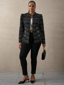 SHEIN Tall CURVE Giacca da donna taglie forti con decorazione fibbia in metallo, in tessuto finto tweed, giacca elegante da indossare tutti i giorni e casual da ufficio, blazer in tweed per donna taglie forti, giacca in tweed per donna taglie forti, blazer in tweed per donna in autunno/inverno