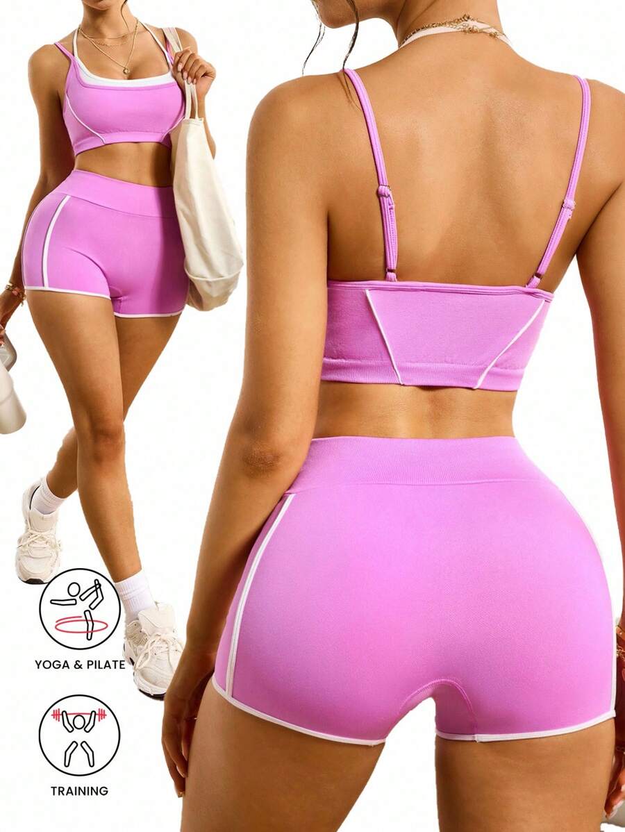 Slayform 1 pièce Ensemble de débardeur et short de fitness, course, tennis, yoga pour femmes avec sangle réglable et couleurs contrastées