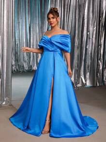 Glamrae Váy maxi hở vai xếp ly hở vai cao một tay, sang trọng, lãng mạn, màu xanh navy, cỡ lớn, thích hợp cho tiệc tối, hẹn hò, vũ hội, tốt nghiệp, đám cưới, dạ tiệc - Xanh đậm - Xem 4