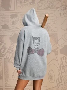 Astro Boy X SHEIN Women's Short Cartoon Figure Graphic Rhinestone Hooded Dress - Light Grey - View 3