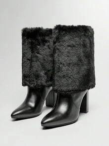 SHUZIA 女士迷人可折叠仿皮草衬里性感及膝粗跟靴 - 黑色 - 查看 6