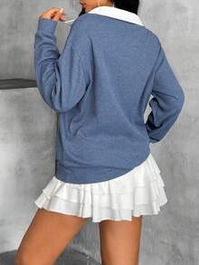 EURMUSE Block Color, Embroidery Details, Polo Sweatshirt - Navy Blue - View 2