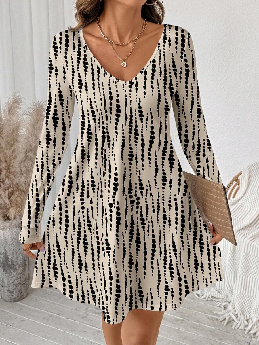 SHEIN LUNE Women's Casual Tie-Dye Striped V-Neck Printed Long Sleeve Short Dress, Suitable For Autumn/Winter