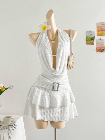 Soleia Sexy Draped Neck Backless Tie Strap Double Layer Hem Metal Buckle Decor Mini Dress, Suitable For Vacation, Music Festival, Bohemian, Holiday Date, Afternoon Tea, Cruise, Beach White Beach Outfit Women Beach Outfit White Vacation Outfit White Halter Dress Beach Dinner Outfit