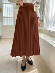 DAZY Chân váy xếp ly màu trơn thanh lịch dành cho nữ, phù hợp để đi làm. - màu nâu - Xem 5