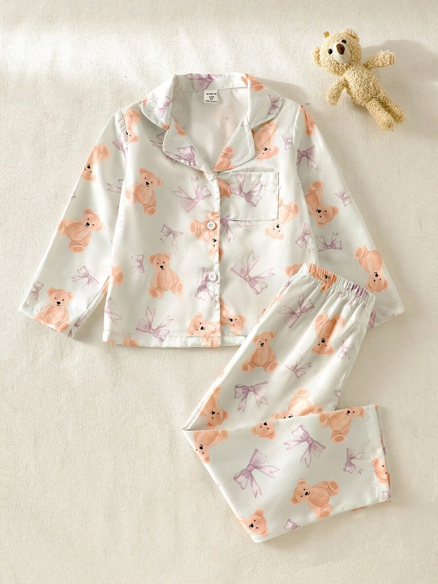 2件套女童休闲可爱熊图案长袖上衣和裤子家居服套装 - 彩色 - 查看 1