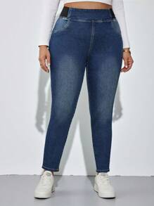 SHEIN Tall CURVE Plus Size Fall Autumn Back To School Homecoming Halloween Y2k Cute Streetwear Goth Grunge Coquette Techno Birthday Night Out Going Out Club Airport Business Casual Woman Country Vintage Modest Old Money Business Casual Woman Work Clothes Teacher For Women Church Women Solid Color Casual Blue Jeans Elastic Waist Jeans High Stretch Jeans - Blue - View 5