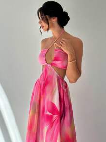 Firerie 浪漫夏日海滩度假优雅性感镂空抽绳系带花卉印花褶皱露背 A 字长裙 - 彩色 - 查看 3