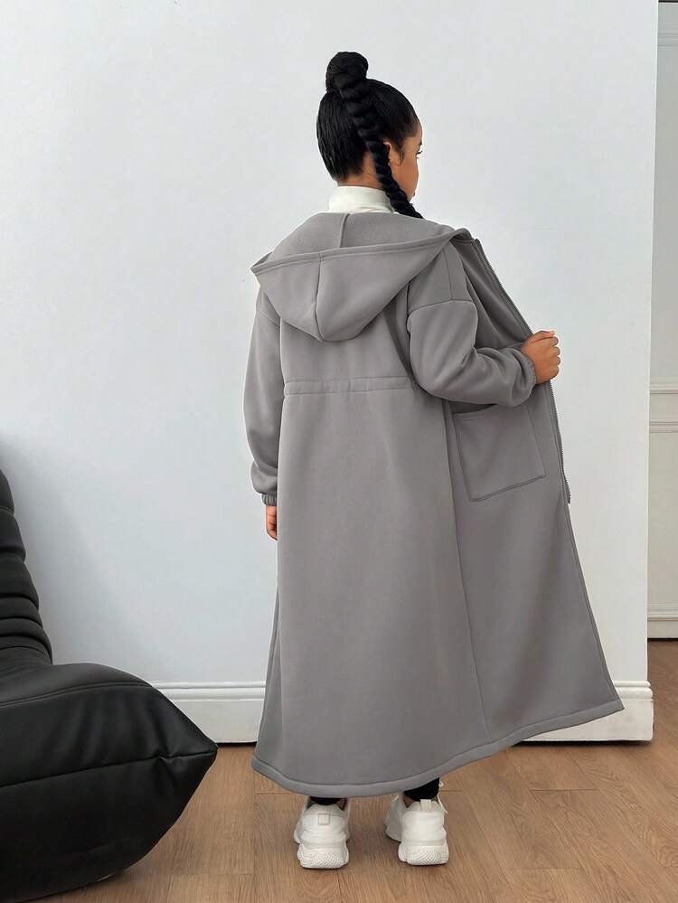 Sparklyn Tween Girls' Casual All-Match Versatile Home, School, Sports Cinched Waist Faux Fur Collar Long Jacket, Autumn/Winter Fall - Grey - View 2