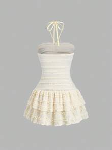 Sweetra 夏季休闲纯色纹理系带吊带腰喇叭迷你裙 - 黃色 - 查看 2