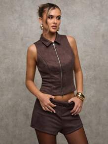 SHEIN BAE Women's Fashionable Retro Commuter Front Zipper Vest,Fall Clothes For Women,Fall Tops Women,Fall Clothes Women,Winter Clothes Women,Halloween,Goth,Streetwear,Crop Tops,Fall Clothes For Women,Winter Clothes Women