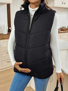 SHEIN 孕妇高领无袖拉链休闲棉服外套，冬季百搭 - 黑色 - 查看 5