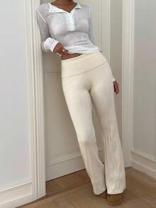 Aloruh Women's Casual Slim Fit Flared Leg Knitted Pants, Versatile For Home, Commute, Outing, Autumn/Winter, Beige,Fall - Apricot - View 6