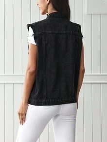 EMERY ROSE Flap Pocket Raw Trim Vest Denim Jacket - Dark Grey - View 2