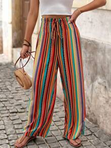 Brillora Striped Print Knot Waist Straight Leg Trousers - Multicolor - View 5