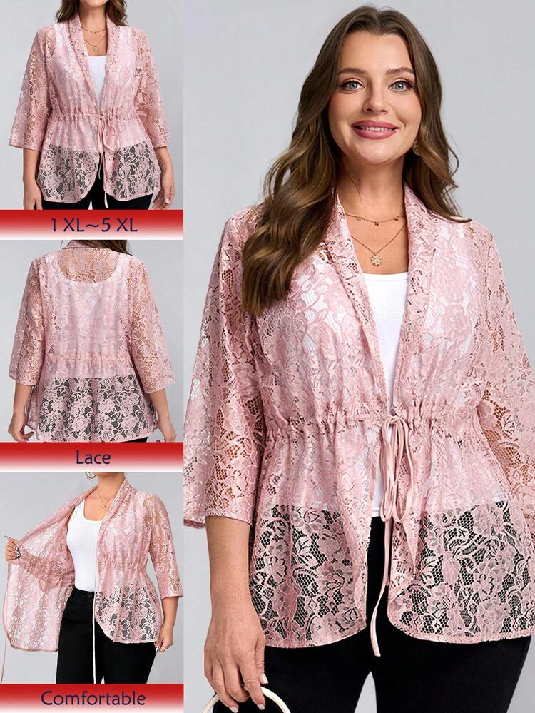 プラスサイズ レース シアー ドローストリング ウエスト アウターウェア、夏秋、チュニックコート、冬秋