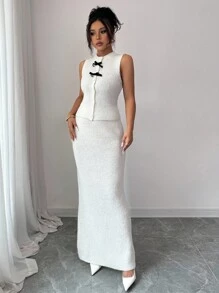 Elenzga 2pcs/Set Women Autumn/Winter Ivory Fancy Yarn Minimalist High-End Sleeveless Vest + Bodycon Maxi Skirt Knitted Sweater