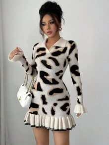 SHEIN Elenzya Đầm len thiết kế bó sát họa tiết da báo thời trang thu đông cho nữ - Màu be - Xem 5