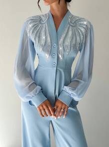 Firerie 女士优雅、精致、浪漫、端庄的日常通勤、约会、派对、返校、老师、度假珍珠和水钻装饰收腰雪纺灯笼袖夹克和高腰阔腿裤蓝色 2 件套 - 藍色 - 查看 9
