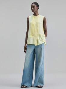 Ontre Áo cánh không tay họa tiết bèo nhún màu vàng kem thu 2025 dành cho nữ, phù hợp mặc văn phòng giáo viên, trang phục lễ hội âm nhạc, trang phục công sở thường ngày - Màu vàng - Xem 5