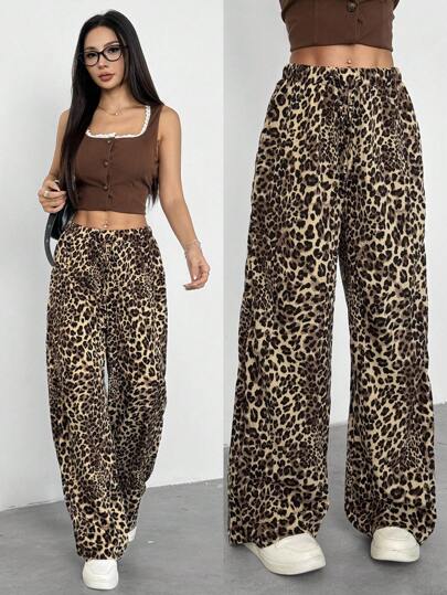SHEIN Sparklyn Ropa de otoño para adolescentes, pantalones anchos sueltos de cintura alta con estampado de leopardo y lazo en la cintura, estilo casual lindo y holgado tipo cargo, para volver a la escuela, outfit para trabajo y playa, color beige