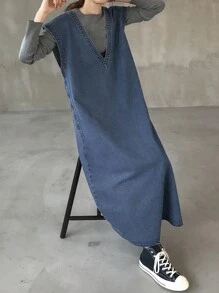 FRIFUL 女式休闲水洗无袖长款牛仔连衣裙 - 藍色 - 查看 6