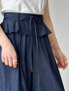 DAZY 高腰褶皱荷叶边宽松阔腿裤，飘逸蓝色休闲女裤/牛仔裤 - 深色水洗藍 - 查看 6