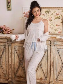 CottageSlumber 3pcs CottageSlumber Lace Trim Ditsy Floral Long Sleeve Cardigan And Cami Top With Long Pants Pajama Set, Fall Clothes  Cozy And Elegant Details