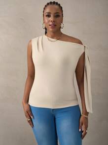 SHEIN Tall CURVE Áo dây buộc vai bất đối xứng cổ áo cỡ lớn, áo nữ thanh lịch mặc hàng ngày, hẹn hò, hộp đêm, tiệc tùng, câu lạc bộ, Halloween - Màu be - Xem 3