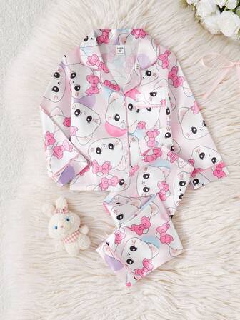2件套少女可爱猫咪印花长袖开衫和裤子睡衣套装