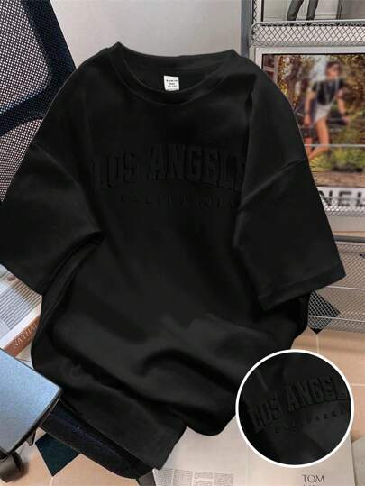 SHEIN EZwear Plus Size English Graphic Print Loose Fit Round Neck Short Sleeve T-Shirt, Plus Size