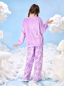 SHEIN X Care Bears 少女卡通紫色小熊刺绣宽松落肩长袖上衣和裤子羊毛睡衣套装，秋冬