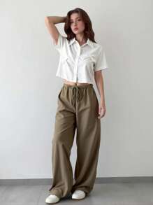 Teen Girl Loose Casual Minimalist Comfy Tie Neck Bow Decor Short Sleeve Blouse - White - View 7