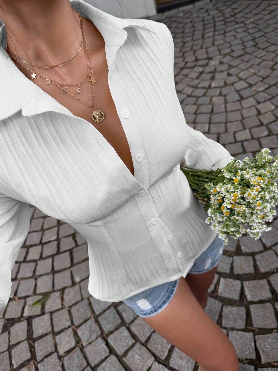 Sunnyshic White Anti-Wrinkle Striped Open Front Button Down Collar Long Sleeve Ruffle Cuff Fitted Shirt, Fashion Simple Commuter Casual Elegant Everyday Versatile Blouse For Women, Spring/Summer Fall Cloth For Women - White - View 1