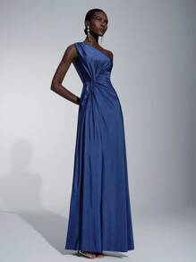 Elitara Women's Romantic And Elegant Stretch Knit One Shoulder Twisted Loose A-Line Bridesmaid Dress - Royal Blue - View 6