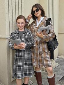 SHEIN Teen Girls' Fashionable Plaid Print Double-Breasted Waist Belt Coat Fall Winter