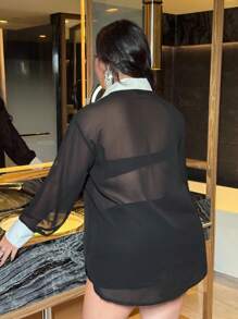 NU&NOW 大码女式优雅雪纺撞色饰边衬衫领口装饰纽扣