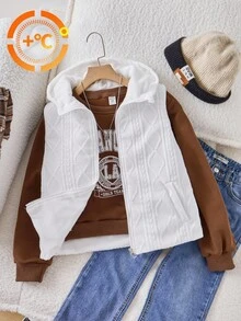 SHEIN Explorewe 女孩休闲连帽背心，提花面料，2 个斜插口袋，适合外出、上学、学院风、旅行、散步，可搭配长袖毛衣、运动裤、夹克 - 白色 - 查看 7