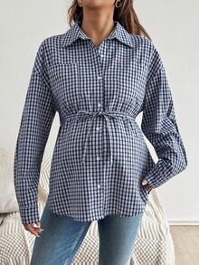 SHEIN Áo sơ mi dài tay kẻ caro đen trắng mặc hàng ngày cho bà bầu và cho con bú - Màu xanh lam - Xem 5