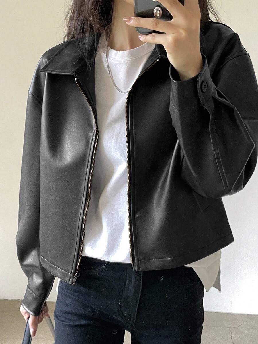 DAZY 女士秋季新款休闲短款宽松夹克，秋季女装 - 黑色 - 查看 1