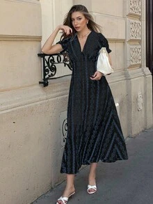 Pariaura Elegant Puff Sleeve V-Neck Vintage Print Waist Cinched Long Dress, Spring/Summer - Blue - View 3