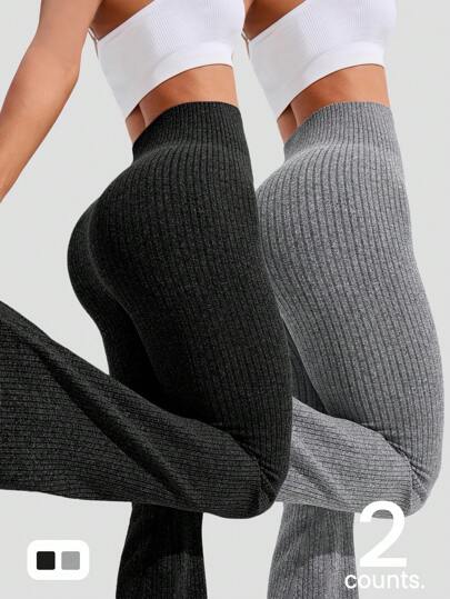 Easithlete 2PCS Solid Color High Waist Seamless Sports Yoga Leggings Yoga Pants Workout Leggings Ribbed Leggings High Waisted Leggings Athletic Leggings Flare Leggings Gym Leggings Fitness Leggings Ribbed Yoga Pants Workout Leggings Women