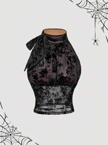 SHEIN MOD 女式无袖时尚修身迷人立领蝴蝶褶饰系带杏色衬衫、秋季上衣、女式工作上衣、俱乐部上衣、职业上衣、秋装 - 黑色 - 查看 2