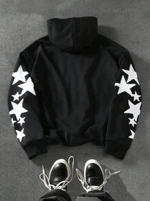 Manfinity Roghcode 男式 Young Street 字母印花拉链连帽卫衣 - 黑色 - 查看 2