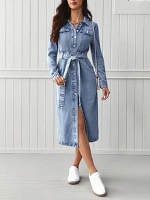 EMERY ROSE Flap Pocket Belted Denim Dress - Light Wash - View 1