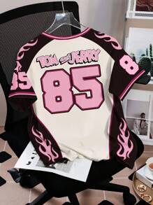 TOM & JERRY X SHEIN Camiseta de mujer de manga corta con cuello redondo y bloque de color con estampado de llama y diseño de dibujos animados