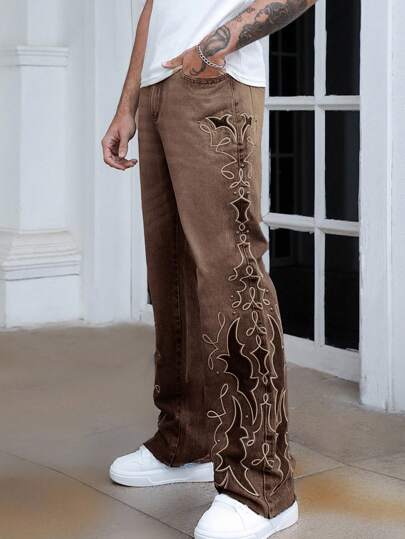 Street Life Men's Casual Washed Embroidered Patch & Rivet Decorated Denim Jeans